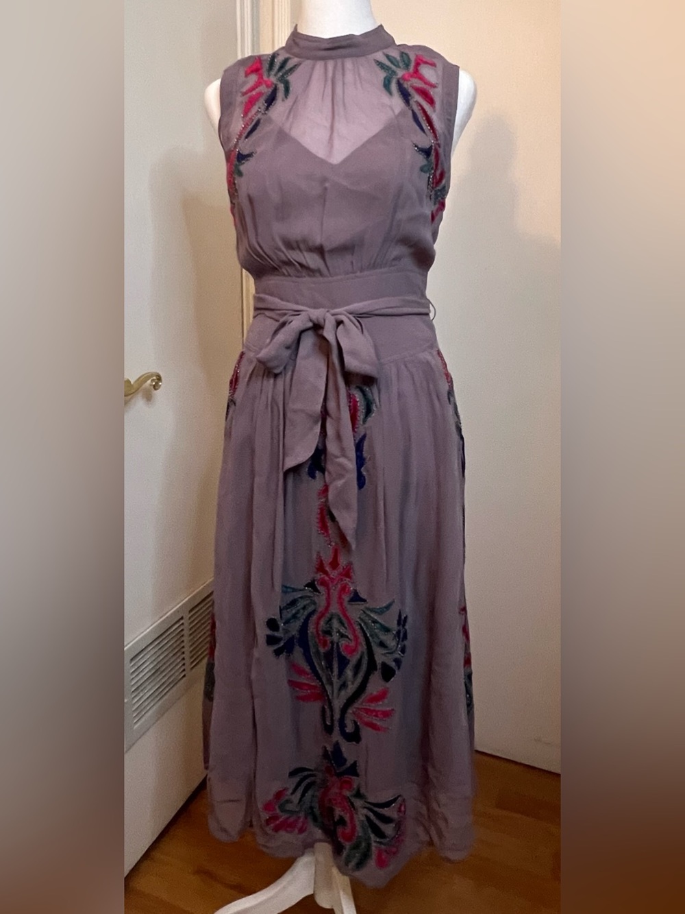 Anthropologie Mauve Embroidered Maxi/midi Dress with Waist Tie